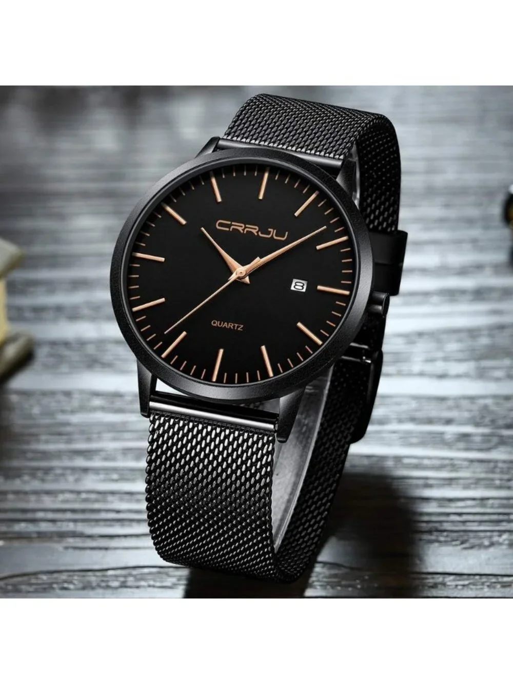 Men's Black Rose Minimalist Luxury Quartz Stainless Steel Band Wrist Watch